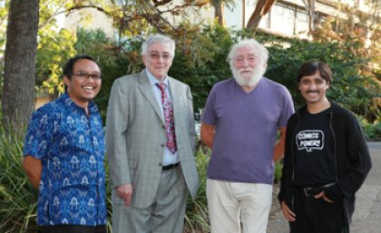 (L-R) Tosca Santoso, winner of the individual award in 2010, Vice Chancellor Professor Paul Greenfield AO, activist Professor David Bellamy OBE and Sharad Sharma, representative of World Comics India, winner of organisation award 2010