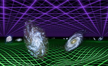 New results from NASA's Galaxy Evolution Explorer and the Anglo-Australian Telescope atop Siding Spring Mountain in Australia confirm that dark energy (represented by purple grid) is a smooth, uniform force that now dominates over the effects of gravity (green grid). Image credit: NASA/JPL-Caltech