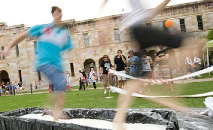 The Demo Troupe help students walk on water during O-Week celebrations