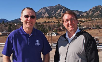 UQ PhD student Michael Hewson with Dr Steve Peckham on the rooftop of the David Skaggs Research Centre in Colorado. Image courtesy Will von Dauster