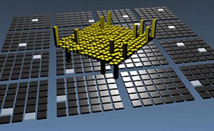 From just 18 randomly selected white tiles (representing measurements) out of a potential 576, the researchers were able to estimate the behaviour of a quantum device (illustrated by the yellow section). Image credit: Alessandro Fedrizzi