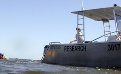 UQ Researchers deploying marine monitors in Moreton Bay.