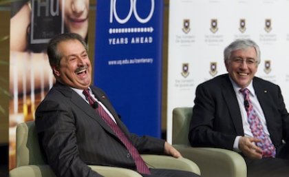 Dow Chair and CEO, Dr Andrew Liveris, and UQ Vice-Chancellor, Professor Paul Greenfield, take questions from the audience at the UQ Centenary Oration. Dow Chair and CEO, Dr Andrew Liveris, and UQ Vice-Chancellor, Professor Paul Greenfield, take questions from the audience at the UQ Centenary Oration.