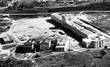 An aerial view of the construction of the Forgan Smith Building in 1946