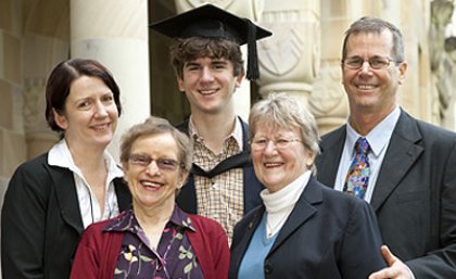 Three generations of UQ graduates: Joshua Keyes-Liley, who received his BA yesterday, with his parents Mary Keyes and William Liley, and grandmothers Lynette Keyes (left) and Margaret Liley.