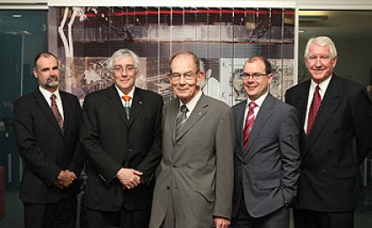 Professor Chris Moran, Vice-Chancellor Professor Paul Greenfield, Emeritus Professor Alban Lynch, Treasurer Andrew Fraser and Dr Geoff Gault at the opening Professor Chris Moran, Vice-Chancellor Professor Paul Greenfield, Emeritus Professor Alban Lynch, Treasurer Andrew Fraser and Dr Geoff Gault at the opening