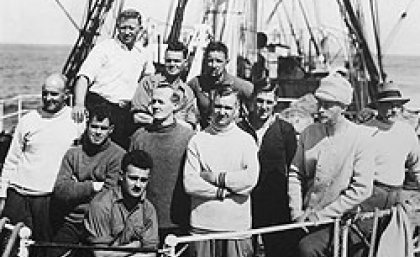 Dr Alf Howard (front, foreground) and members of the 1929-31 Mawson expedition to Antarctica. Sir Douglas Mawson is pictured front right, in a light-coloured cap. Dr Alf Howard (front, foreground) and members of the 1929-31 Mawson expedition to Antarctica. Sir Douglas Mawson is pictured front right, in a light-coloured cap.