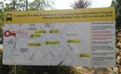 New signage for bus stop relocations in Upland Road and Hawken Drive during the Chancellors Place roadworks.