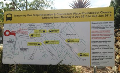 New signage for bus stop relocations in Upland Road and Hawken Drive during the Chancellors Place roadworks. New signage for bus stop relocations in Upland Road and Hawken Drive during the Chancellors Place roadworks.
