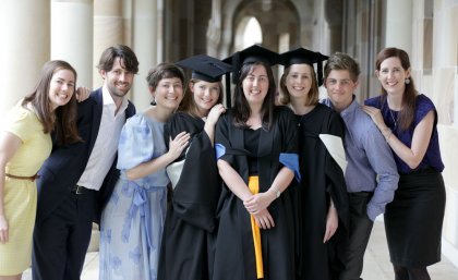 The McEniery siblings, including December’s three UQ graduates, are (from left): Rebecca (28), Ben (36), Jo (30), Belinda (20), Clare (26), Catherine (24), Dan (16) and Natasha (32).