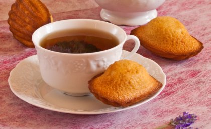 Photo of madeleine cakes and tea here