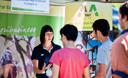 Australian Agricultural Company representative Zilona Rogers speaks to students about industry placement and graduate opportunities at the UQ Gatton Careers Fair. Australian Agricultural Company representative Zilona Rogers speaks to students about industry placement and graduate opportunities at the UQ Gatton Careers Fair.