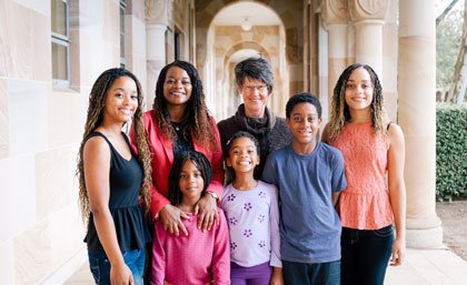 One of the donors, Margaret Robertson with Barbra Zaloumis and her five children.