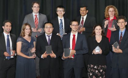 Left to right, from top: Dr Jack Clegg, Dr Liang Zhou, Professor Tapan Saha, Dr Stefanie Becker, 2nd row, from left: Dr Enzo Porrello, Dr Irina Vetter, Dr Qiao Liu, Dr Alessandro Fedrizzi, Associate Professor Jennifer Fleming, Dr Simon Perry.