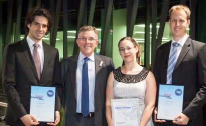 UQ's three award winners, from left, Hosam Zowawi, Claudia Vickers and Andrew Stephenson, with the Minister for Science, Ian Walker (second from left)