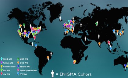 This map shows the wide-spread contribution to the ENIGMA consortium, and involves neuroimaging and genetic information from both normal populations and cohorts with a variety of disorders.