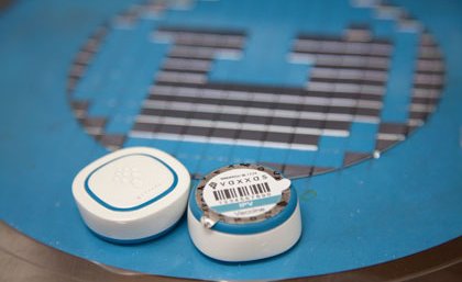The Nanopatch applicator and a large version of the patch. The Nanopatch applicator and a large version of the patch.