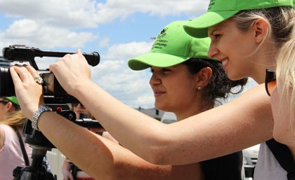 Journalism students Giulietta Avenia and Rhiannon Smith in action. Photo: Courtney Barnes 