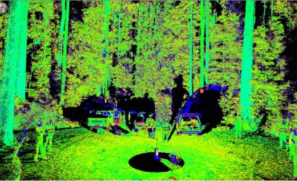 A scan of the team using the Riegl TLS lidar scanner at the Warra Flux Tower. Photo: Peter Scarth. A scan of the team using the Riegl TLS lidar scanner at the Warra Flux Tower. Photo: Peter Scarth.