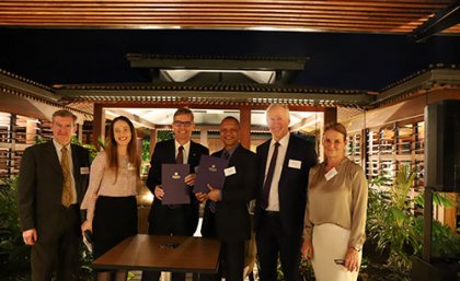 His Excellency Bruce Davis, High Commissioner to Papua New Guinea, Dr Jessica Gallagher UQ, Professor Peter Høj  and Associate Professor Ora Renagi OL, Graeme Hancock and Anna Madgwick Newcrest Mining