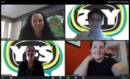 Despite COVID-19 restrictions, clinical legal education students Suvradip Maitra (top right) and Savannah Kuylaars (bottom left) quickly adapted to working remotely to help their YFS Legal supervisors and their vulnerable clients. Zoom screen shot of screen divided in four with students and supervisors