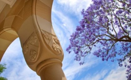 Sandstone pillar with Jacaranda tree in full bloom in the distance.
