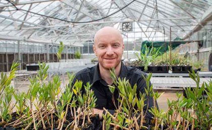 a man with a beard sits behind a tray of small plants in a glasshouse