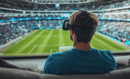 A man sitting on his couch wearing virtual reality goggles. He appears to be viewing a sports event from inside the stadium.