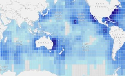 Each square on the MiCO map contains information on the species which move through that part of the ocean. a map of the world with the ocean covered in a grid of blue squares