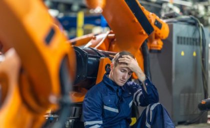 Image: Adobe A tired worker sits in front of machinery with his hand on his head