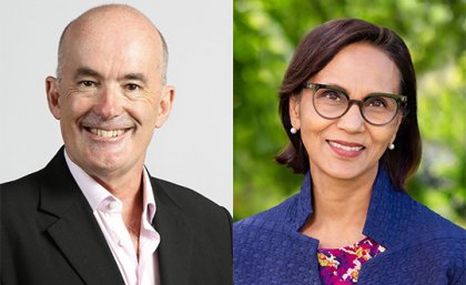 Emeritus Professor Ove Hoegh-Guldberg AC (at left) and Professor Gita Mishra AO. A composite image showing photos of a man and woman side by side.