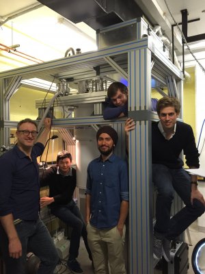 From left: Professor Warwick Bowen with members of the UQ Superfluid Team, PhD student Eric Hexin, postdoc Dr Rachpon Kalra, postdoc Dr Christopher Baker, and PhD student Yauhen Sachkou. 