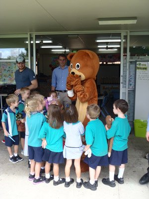 Big Ted teaches kids at Eaton's Hill State School about how to have a healthy lifestyle. Big Ted teaches kids at Eaton's Hill State School about how to have a healthy lifestyle.