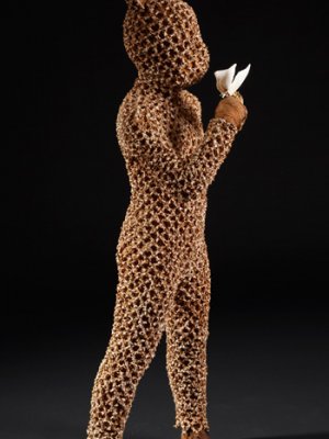 Linde Ivimey ‘Thumper (Self portrait)’ 2009. Steel armature, acrylic resin, dyed cotton, natural and acrylic fibre, woven chicken and turkey vertebrae, fish bones. Private collection, Melbourne.
Reproduced courtesy of the artist, Martin Browne Contemporary, Sydney, Jan Murphy Gallery, Brisbane and Gould Galleries, Melbourne Linde Ivimey ‘Thumper (Self portrait)’ 2009. Steel armature, acrylic resin, dyed cotton, natural and acrylic fibre, woven chicken and turkey vertebrae, fish bones. Private collection, Melbourne.
Reproduced courtesy of the artist, Martin Browne Contemporary, Sydney, Jan Murphy Gallery, Brisbane and Gould Galleries, Melbourne