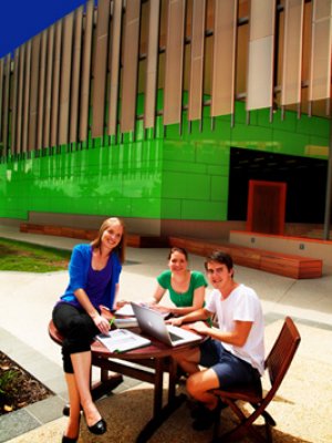 University of Queensland medical students (L to R) Kobi Haworth, Rebecca Adams and Andrew Taylor outside the Auditorium prepare for this year's Ipswich Campus Open Day.