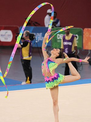 UQ rhythmic gymnast Danielle Prince on her way to gold at the Delhi Commonwealth Games. Image courtesy John Holmes