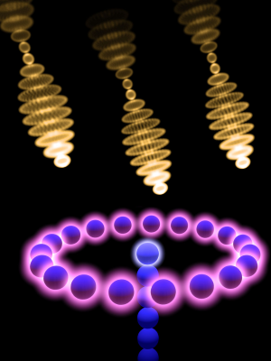 An artist’s impression of a ring of interacting absorbers tuned correctly to absorb light particles (photons) at much faster rate than any one absorber alone.(c) 2014 Simon Benjamin 