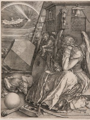 Albrecht Dürer (1471–1528)  Born 1471 Nuremberg, Germany. Lived and worked Nuremberg and Venice, Italy. Died 1528 Nuremberg.  Melencolia I 1514  engraving on paper  image 23.8 x 18.6 cm  sheet 24.1 x 18.7 cm  Art Gallery of South Australia, Adelaide. Morgan Thomas Bequest Fund 1962.