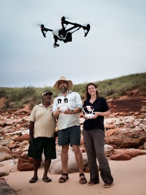 Goolarabooloo Law Boss Phillip Roe, Dr Steve Salisbury and Linda Pollard use the dino-drone. Photo: Damian Kelly. Goolarabooloo Law Boss Phillip Roe, Dr Steve Salisbury and Linda Pollard use the dino-drone. Photo: Damian Kelly.