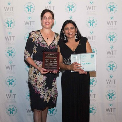 Professor Neena Mitter (right) with her WiT Life Sciences Outstanding Award, presented by Frances Eden Director HiQ and Library Services at QUT. Professor Neena Mitter (right) with her WiT Life Sciences Outstanding Award, presented by Frances Eden Director HiQ and Library Services at QUT.