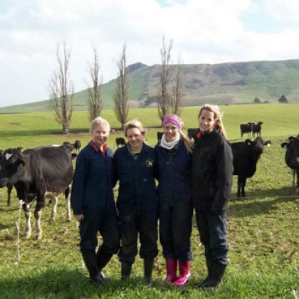 From left: Ella Scott, Ellen Toohey, Charlotte Baynham and Kirsty Meinhardt-Jensen at Oakwood Farms in Te Awamutu in New Zealand