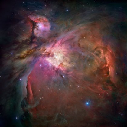 Overview image of the Orion Nebula with the star cluster at its centre. The possible black hole would reside somewhere between the four bright stars which mark the centre of the star cluster. These stars form the famous Trapezium of the Orion Nebula Cluster. © Photo: NASA/ESA/Hubble Space Telescope Overview image of the Orion Nebula with the star cluster at its centre. The possible black hole would reside somewhere between the four bright stars which mark the centre of the star cluster. These stars form the famous Trapezium of the Orion Nebula Cluster. © Photo: NASA/ESA/Hubble Space Telescope