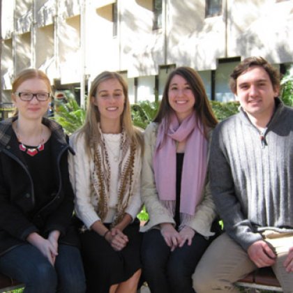 Students from a UQ working group researching human trafficking and migrant smuggling (from left) Jess Swanson, Bethany Holt, Sian Littledale and Jake Williams.