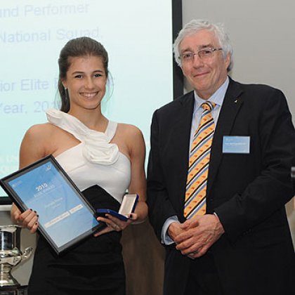 Sportswoman of the Year Danielle Prince receives her award from Vice-Chancellor Professor Paul Greenfield. Image: Chris Marr