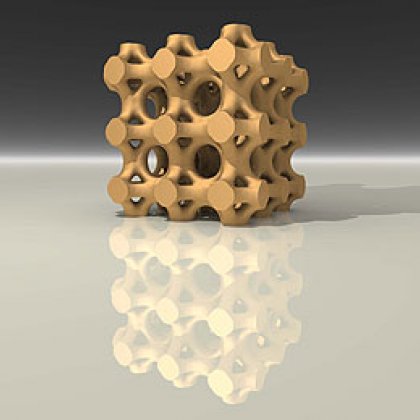 A computationally-generated view of a topology-optimized design for a porous bone implant scaffold. The linking of computational design with precision fabrication has tremendous potential for producing tissue scaffolds with tailored properties Ã¯Â¿Â½ as the current research has shown.
Image: Dr Vivien Challis, School of Mathematics and Physics, The University of Queensland