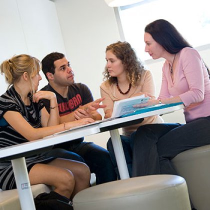 Students Jocelyn Farebrothere, Joel Wright and Tess Millerick participate in group work with lecturer Dr Katelyn Barney Students Jocelyn Farebrothere, Joel Wright and Tess Millerick participate in group work with lecturer Dr Katelyn Barney