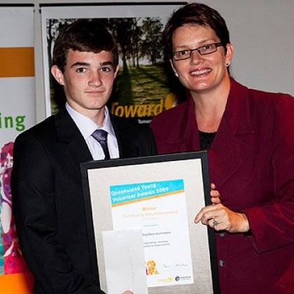 Ryan Bayldon-lumsden accepting his Qld Young Volunteer Award from Minister for Community Services and Housing Karen Struthers.Photo courtesy of the Office for Volunteering, Strategic Partnerships, Department of Communities Ryan Bayldon-lumsden accepting his Qld Young Volunteer Award from Minister for Community Services and Housing Karen Struthers.Photo courtesy of the Office for Volunteering, Strategic Partnerships, Department of Communities