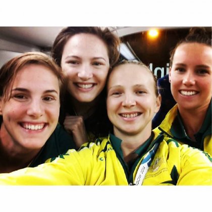 UQ alumnus, Melanie Schlanger (third from left) and her teammates after they broke the world record in the 4x100m freestyle relay (photo courtesy of @Mel_Schlanger)