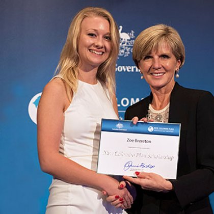 Australian Minister for Foreign Affairs, Ms Julie Bishop presents UQ Law student Zoe Brereton with her fellowship at the New Colombo Plan scholarship presentation dinner. Australian Minister for Foreign Affairs, Ms Julie Bishop presents UQ Law student Zoe Brereton with her fellowship at the New Colombo Plan scholarship presentation dinner.