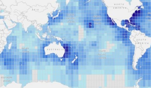 a map of the world with the ocean covered in a grid of blue squares